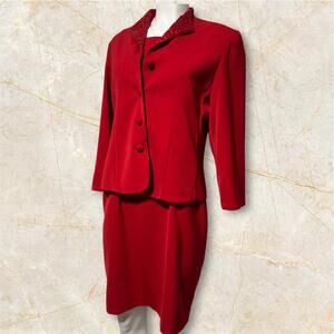 Red Women's Vintage Skirt Suit with Beaded Collar, size 12